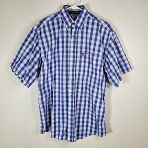George Strait Wrangler Mens Shirt M Cowboy Cut Blue Plaid Short Sleeve